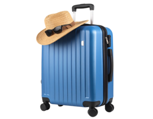  Angled Side View of Packed Blue Suitcase with Straw Hat Tilted and Sunglasses Hanging, Transparent Background