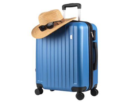  Angled Side View of Packed Blue Suitcase with Straw Hat Tilted and Sunglasses Hanging, Transparent Background