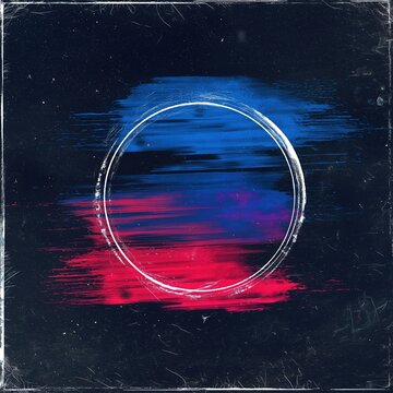 Naklejki Vintage retro album cover art with dynamic blue and red acrylic brush strokes on black background, circular white frame design, abstract music background texture for creative projects.