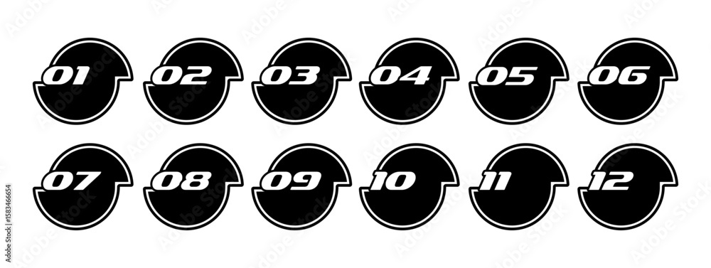 Poster bullet point, circle number font icon. set of round numbers from 1 to 12. flat icons set in abstract