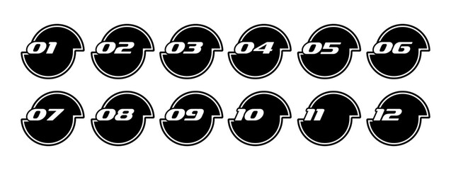 Bullet Point, Circle Number Font Icon. Set of round numbers from 1 to 12. Flat icons set in abstract round shape, editable stroke, isolated on white, linear vector outline, symbol