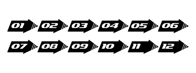Numbers in arrows icons from 1 to 12 - stylish set of bullets and symbols. Linear and flat variants, typography in vector. White background, editable lines