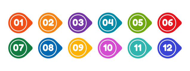 Colorful bullet points set of numbers from zero to twelve. Multicolored circles and numbers. Set of markers with numbers. Vector flat icons isolated on white background