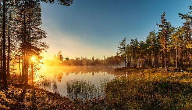 morning sunrise in the forest by the lake