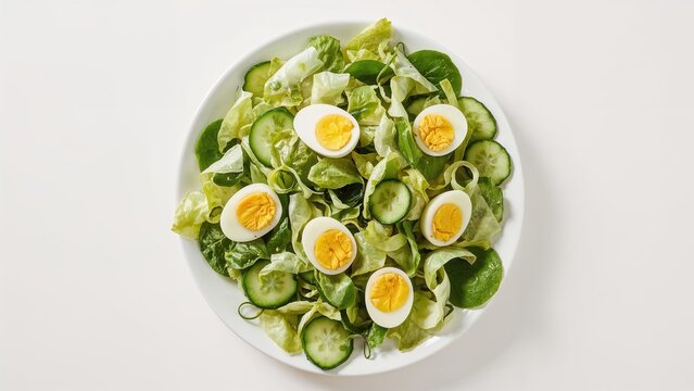 Fresh salad featuring sliced cucumbers, boiled eggs, and leafy greens arranged in a white bowl on a neutral background. - Powered by Adobe