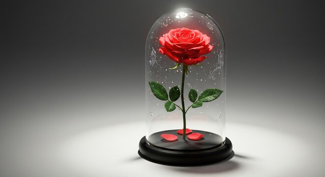Rose rouge sublime sous cloche verre lumiere douce details precis. AI Generated