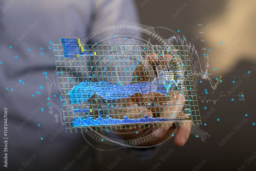 Poster seo-optimized image of person interacting with digital charts, graphs, and data visualization.
