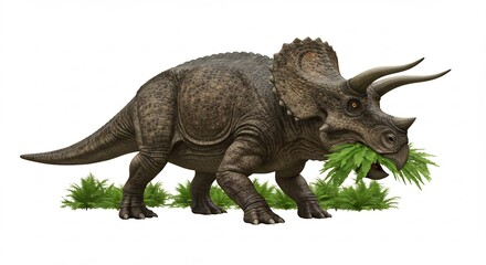 Fototapeta premium Triceratops paisible mange herbe verte lumi�re douce. AI Generated