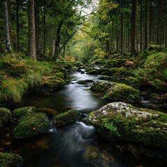 A serene forest stream flows gently over moss-covered rocks surrounded by lush green trees and foliage in a peaceful, natural woodland setting.