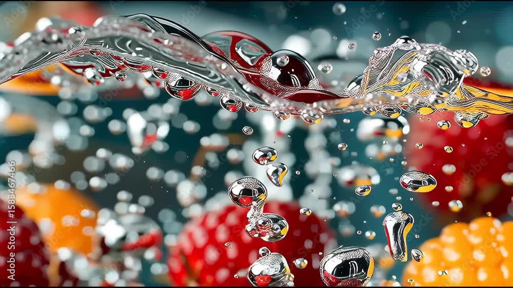 Poster fresh raspberries float underwater with visible air bubbles in a vivid macro close-up