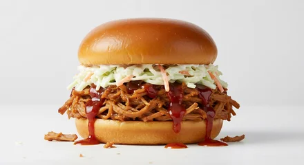 Gardinen Smakelijke pulled pork burger heerlijke zoetzure coleslaw gefotografeerd met zacht licht. AI Generated © Lucas