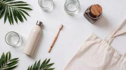 Flat Lay of Zero Waste Eco Friendly Lifestyle Essentials on Neutral Background, Sustainable Living Concept, Plastic Free Lifestyle