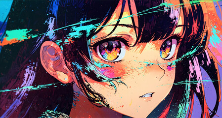 A colorful anime-style close-up of a girl’s face, bright shining eyes, paint splashes, glowing effects