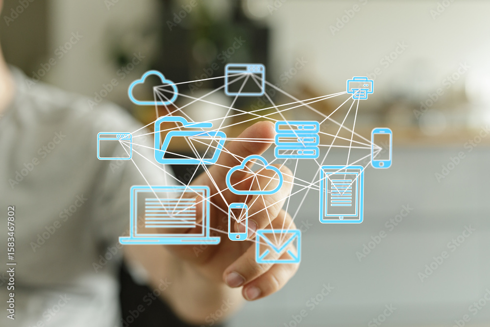 Poster interconnected devices, cloud storage, and data exchange. modern technology and digital workflow con