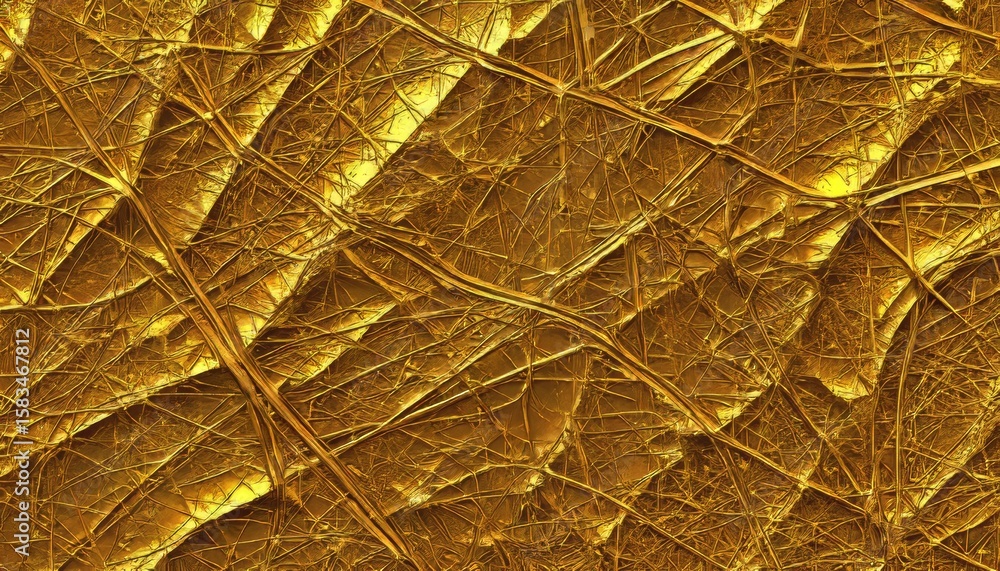 Poster 3d and 4k visual representation of textured golden surface resembling intricate leaf veins, showcasi