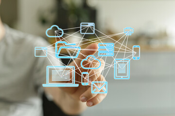 Interconnected devices, cloud storage, and data exchange. Modern technology and digital workflow concept.