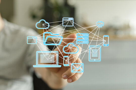 Interconnected devices, cloud storage, and data exchange. Modern technology and digital workflow concept. - Powered by Adobe