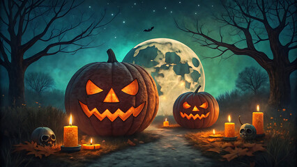 Fototapeta premium Spooky halloween night with glowing jack o lanterns and a full moon