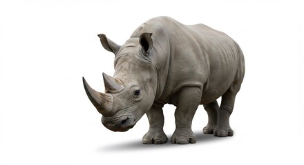 Obraz premium Rhinoc�ros puissant pose majestueusement fond blanc lumi�re intense. AI Generated