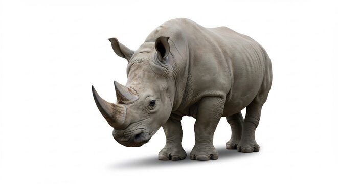Rhinoc�ros puissant pose majestueusement fond blanc lumi�re intense. AI Generated