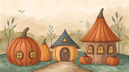 Obraz premium Whimsical watercolor scene of pumpkin houses and pumpkins in a fall landscape