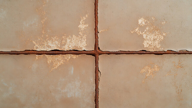 A close-up shot reveals a surface with a cross-shaped joint, displaying textured discoloration and wear. Weathered surface with intersecting lines.