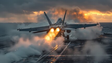 From behind, an F/A-18 Super Hornet rockets down a wet aircraft carrier deck during a stormy day, its powerful twin afterburners glowing intensely against the dark clouds and steam
