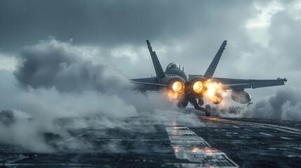From behind, an F/A-18 Super Hornet rockets down a wet aircraft carrier deck during a stormy day, its powerful twin afterburners glowing intensely against the dark clouds and steam
