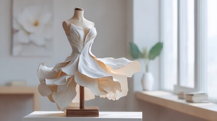 Elegant White Sculptural Bridal Dress Displayed on a Contemporary Base in Soft Natural Light