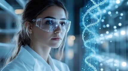 A female scientist in a lab coat and safety glasses stares intently at a large, glowing blue screen displaying a complex, rotating DNA helix in a modern, futuristic research facility