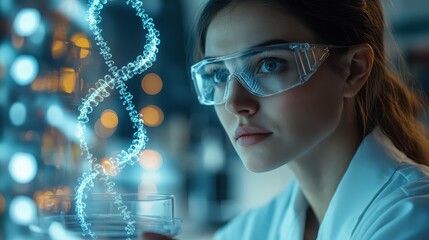 A female scientist in a lab coat and safety glasses intently examines a glowing, holographic DNA helix that appears to rise from a petri dish in a futuristic, high-tech laboratory