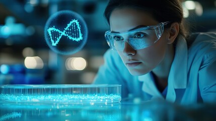 A female scientist in a lab coat and safety glasses examines a glowing petri dish, with a holographic DNA icon floating above it, representing a breakthrough in genetic research