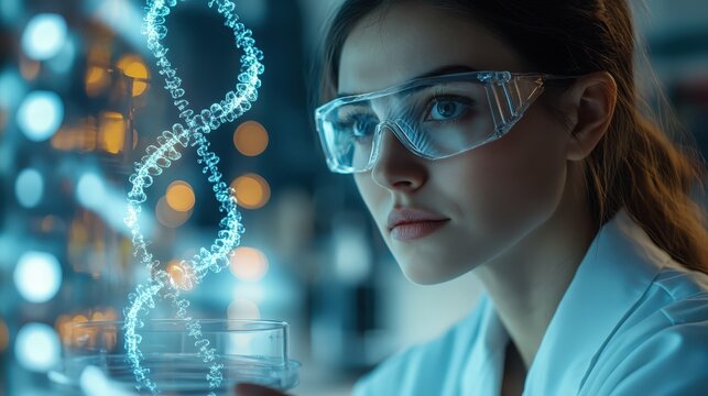 A female scientist in a lab coat and safety glasses intently examines a glowing, holographic DNA helix that appears to rise from a petri dish in a futuristic, high-tech laboratory - Powered by Adobe