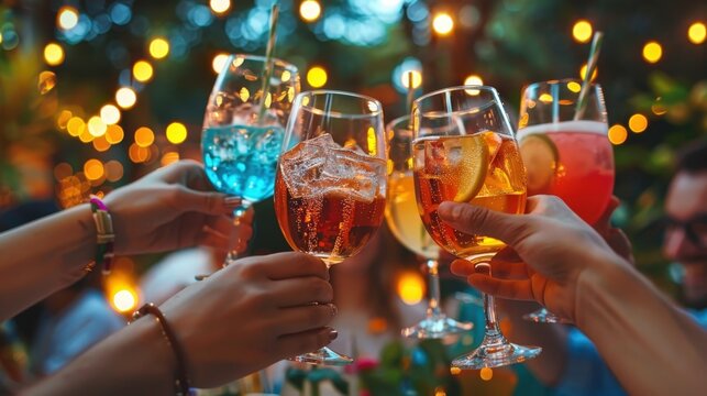 A diverse group of friends enthusiastically toasts with colorful cocktails at a lively outdoor party at night, their hands meeting in celebration under the warm, festive glow of string lights