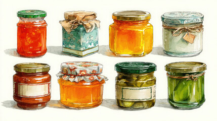 Front view of set of small jam and vegetable jars in different colors without labels and lids. Illustration of canned jam products on white background