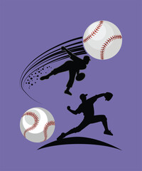Baseball Pitcher Silhouettes with Baseball Balls on Purple Background.