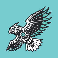 Obraz premium Mechanical owl logo design fusing nature and technology with geometric symmetry and neon blue glow