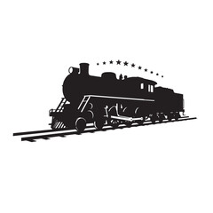 Silhouette of a vintage steam train with star accents on white background for design
