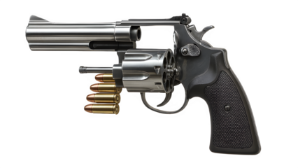 Isolated Chrome Revolver with Open Cylinder and Bullets – Transparent PNG Cutout