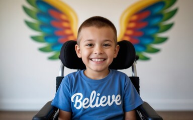 Happy disabled little boy on a wheelchair in front of wall with wings art. wheelchair child, rehabilitation center, special needs.