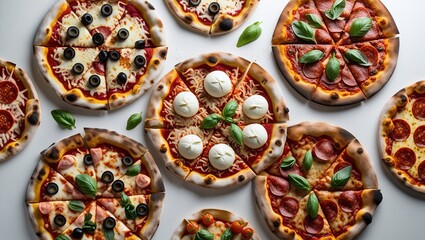Six varieties of pizza featured on the menu, embodying the essence of Italian cuisine isolated on the white background