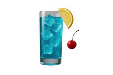 Vibrant blue cocktail with lemon and cherry isolated on transparent background