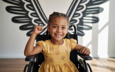 Happy disabled little girl on a wheelchair in front of wall with wings art. wheelchair child, rehabilitation center, special needs, motivation.