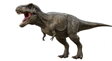 Fototapeta premium Tyrannosaure rugissant puissant lumiere vive fond blanc. AI Generated