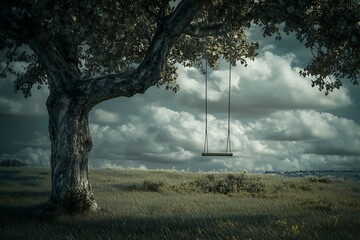 Tree with Swing in Field Under Cloudy Sky
