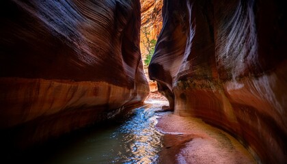 water pools red sandstone rock inside the hiking trail for the subway slot canyon in zion national park usa