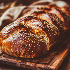 Braided sesame loaf on wooden cutting board