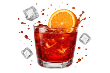 Red cocktail with ice, orange slice, splashes, on transparent background.