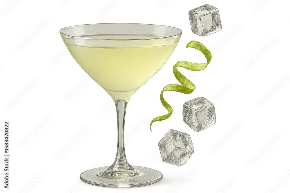 Poster refreshing cocktail with lime twist and ice, isolated on transparent background.