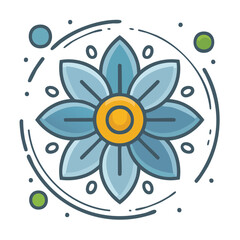 Abstract floral design featuring a blue flower with yellow center and decorative elements